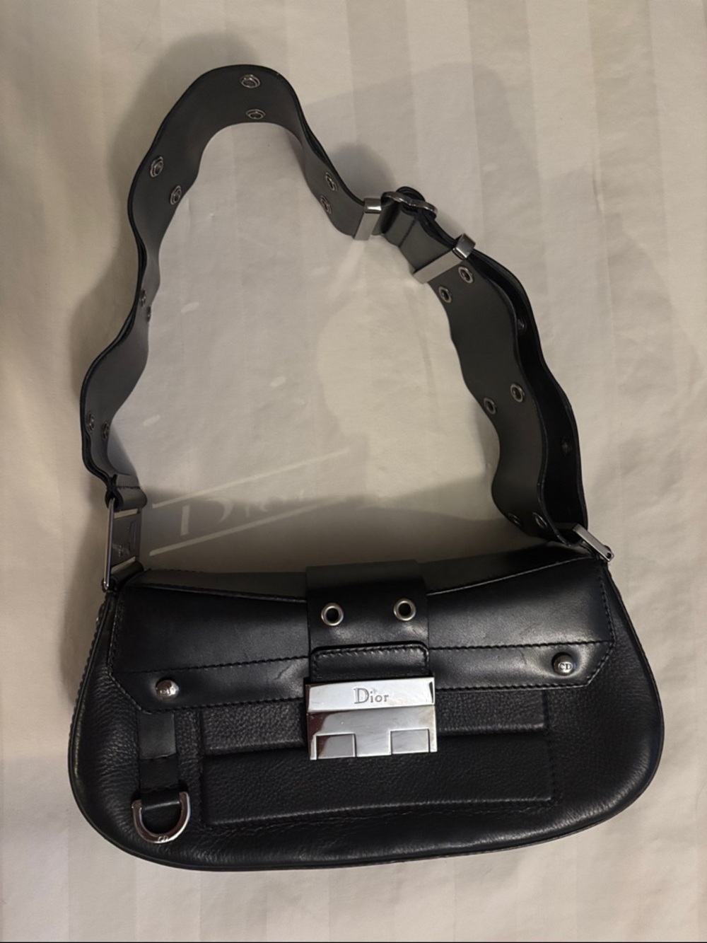Dior Black Leather Shoulder Bag with Scalloped Grommet Strap Automatic